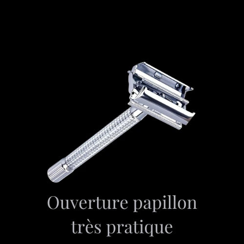 Rasoir de sûreté papillon avec ouverture pratique pour un changement de lame rapide.